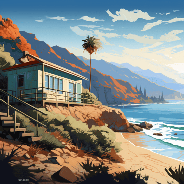 Illustration of a cabin on the beach